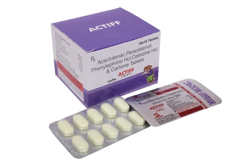 Actiff Tab – Aceclofenac 100mg + Paracetamol 325mg + Phenylepherine HCl 5mg + Cetirizine HCl 10mg + Caffeine 25mg