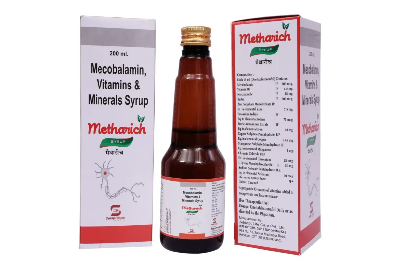 Metharich Syp – Each 15 ml contains: Mecobalamin 500 mcg + Vitamin B6 1.5 mg + Niacinamide 45 mg + Biotin USP 300 mcg + Elemental Zinc 7.5 mg + Elemental Iodine 75 mcg + Elemental Iron 18 mg + Elemental Copper 0.45 mg + Elemental Manganese 1 mg + Elemental Chromium 25 mcg + L-Lysine Monohydrate Chloride USP 50 mg + Elemental Selenium 40 mcg