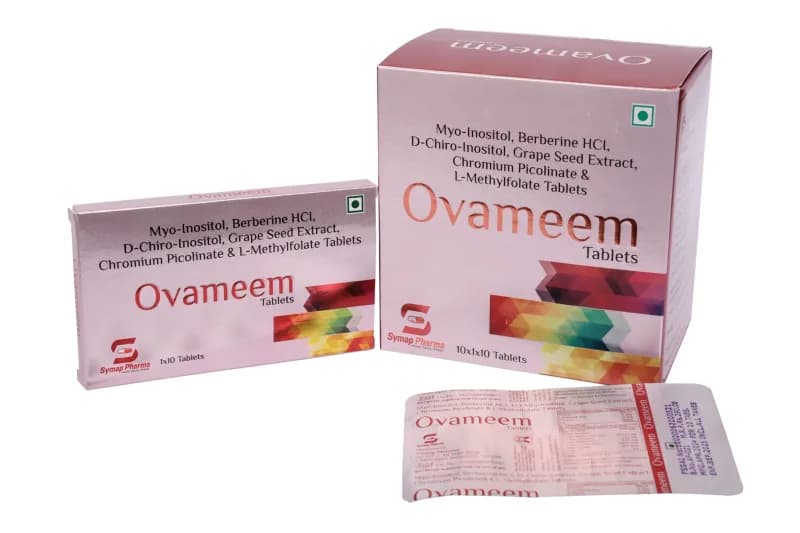 Ovameem Tab – Myo-Inositol 1000mg+Berberine HCI 277.25mg+ D-Chiro-Inositol 12.5mg+Grape Seed Extract 4.25mg+Chromium Picolinate 201.5mcg+L- Methylfolate 500mcg