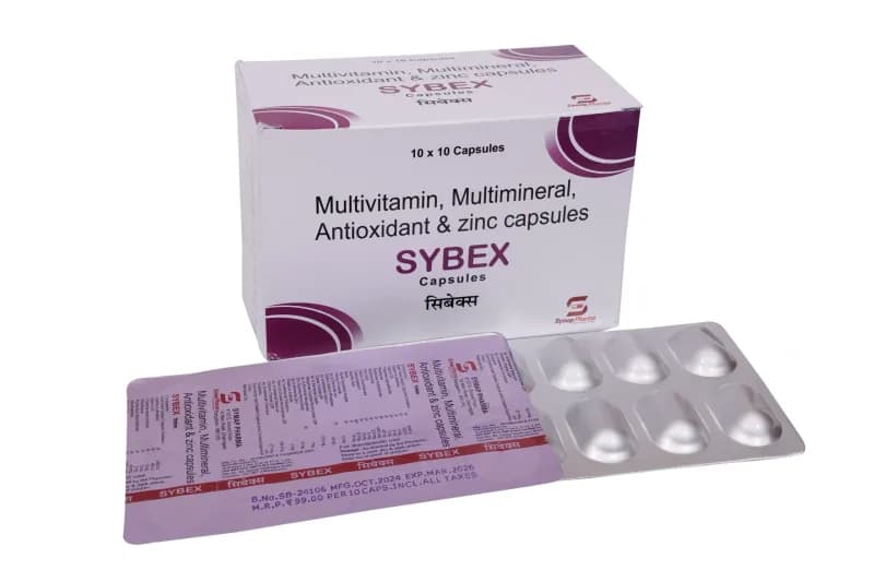Sybex Cap – Vitamin A (Acetate) 5000 IU + Vitamin D3 400 IU + Thiamine Hydrochloride 5 mg + Riboflavin 5 mg + Pyridoxine Hydrochloride 2 mg + Nicotinamide 45 mg + Folic Acid 1000 mcg + Calcium Panthothenate 12.5 mg + Cyanocobalamin 5 mcg + Ascorbic Acid 75 mg + Biotin 30 mcg + Alpha-Tocopheryl Acetate 15 mg + Elemental Iron 12 mg + Elemental Calcium 40 mg + Elemental Copper 0.75 mg + Elemental Manganese 1 mg + Elemental Zinc 15 mg + Elemental Potassium 5 mg + Elemental Selenium 100 mcg + Elemental Chromium 27 mcg